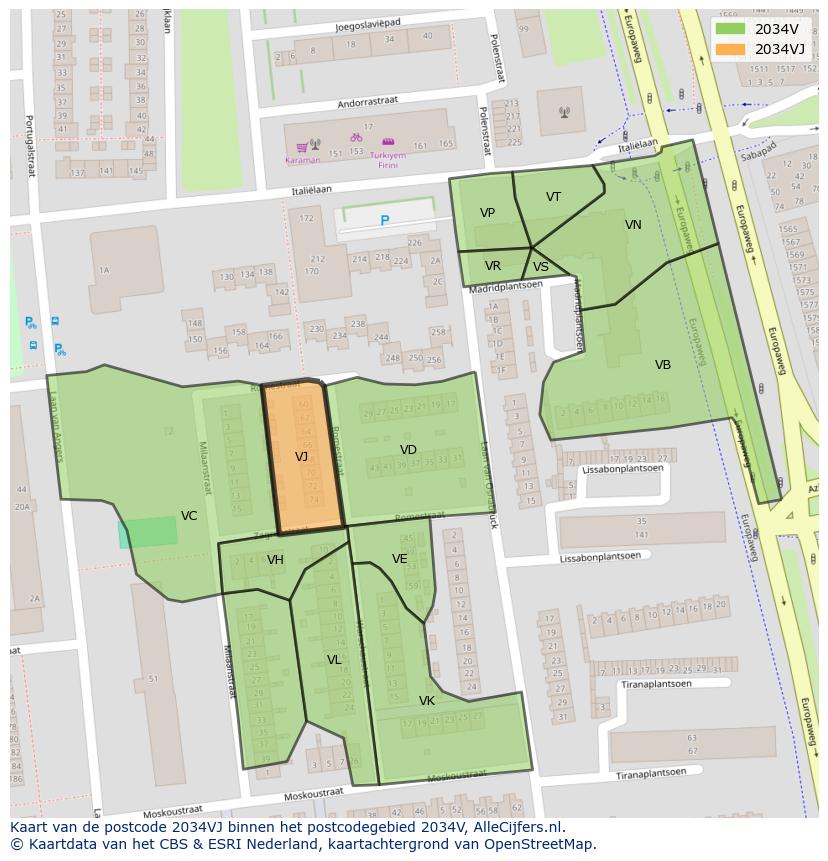 Afbeelding van het postcodegebied 2034 VJ op de kaart.