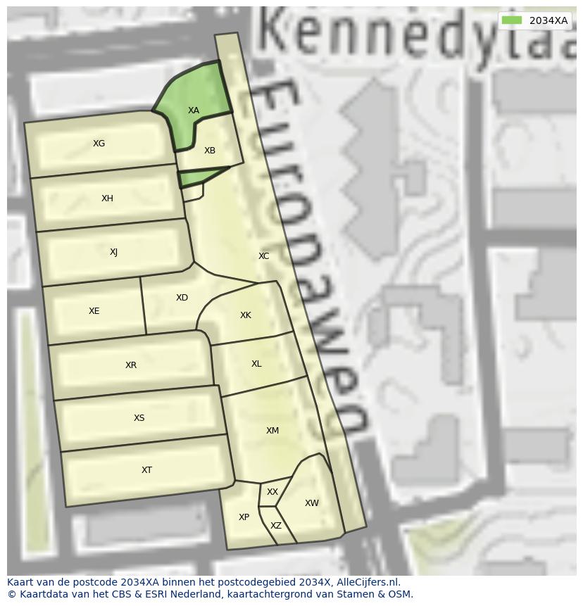 Afbeelding van het postcodegebied 2034 XA op de kaart.
