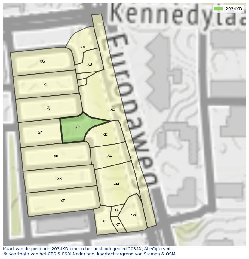 Afbeelding van het postcodegebied 2034 XD op de kaart.