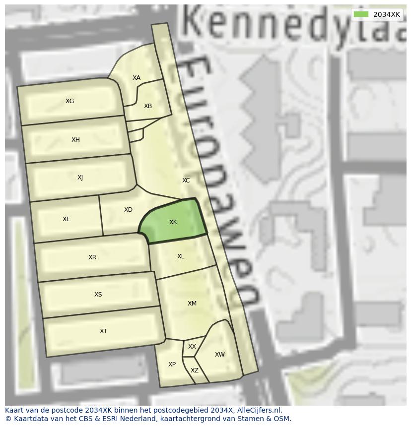 Afbeelding van het postcodegebied 2034 XK op de kaart.