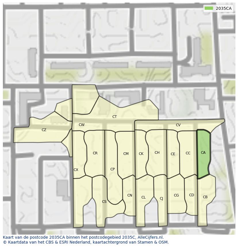 Afbeelding van het postcodegebied 2035 CA op de kaart.