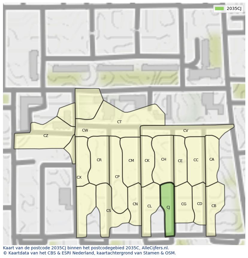 Afbeelding van het postcodegebied 2035 CJ op de kaart.
