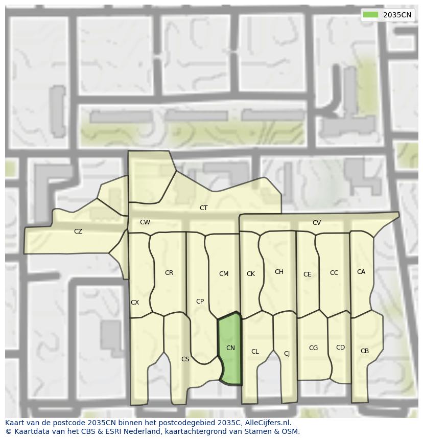 Afbeelding van het postcodegebied 2035 CN op de kaart.