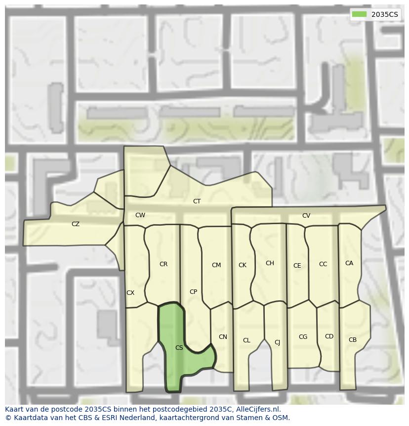 Afbeelding van het postcodegebied 2035 CS op de kaart.