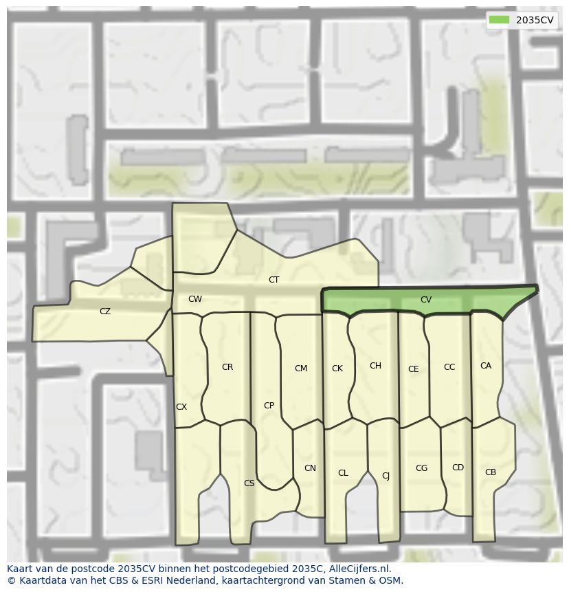 Afbeelding van het postcodegebied 2035 CV op de kaart.