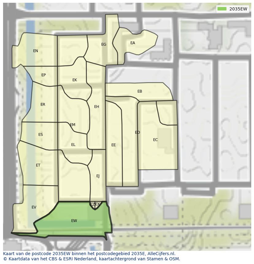 Afbeelding van het postcodegebied 2035 EW op de kaart.