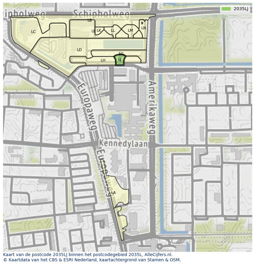 Afbeelding van het postcodegebied 2035 LJ op de kaart.