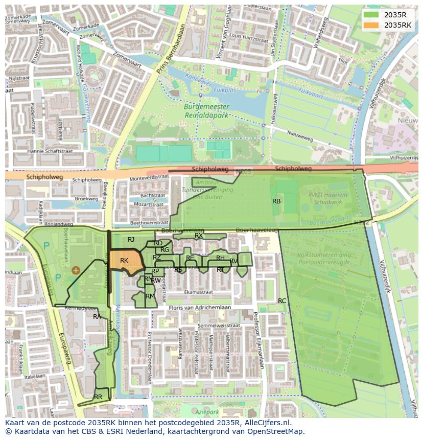 Afbeelding van het postcodegebied 2035 RK op de kaart.