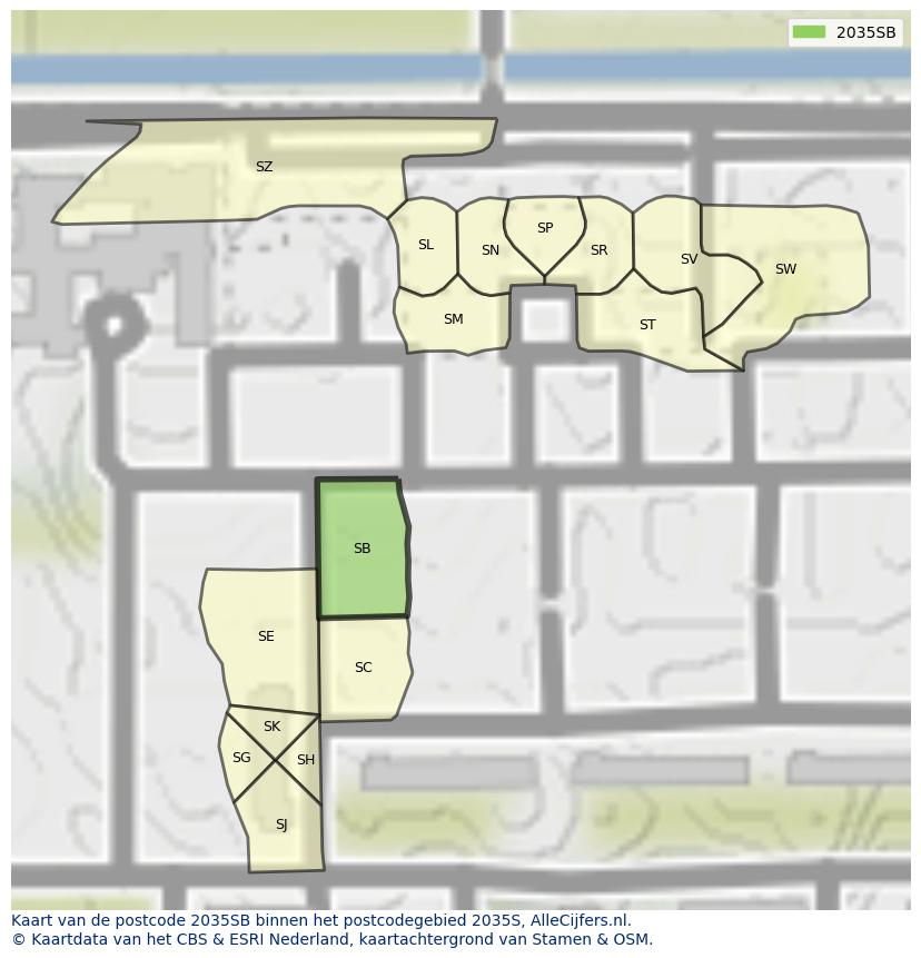 Afbeelding van het postcodegebied 2035 SB op de kaart.