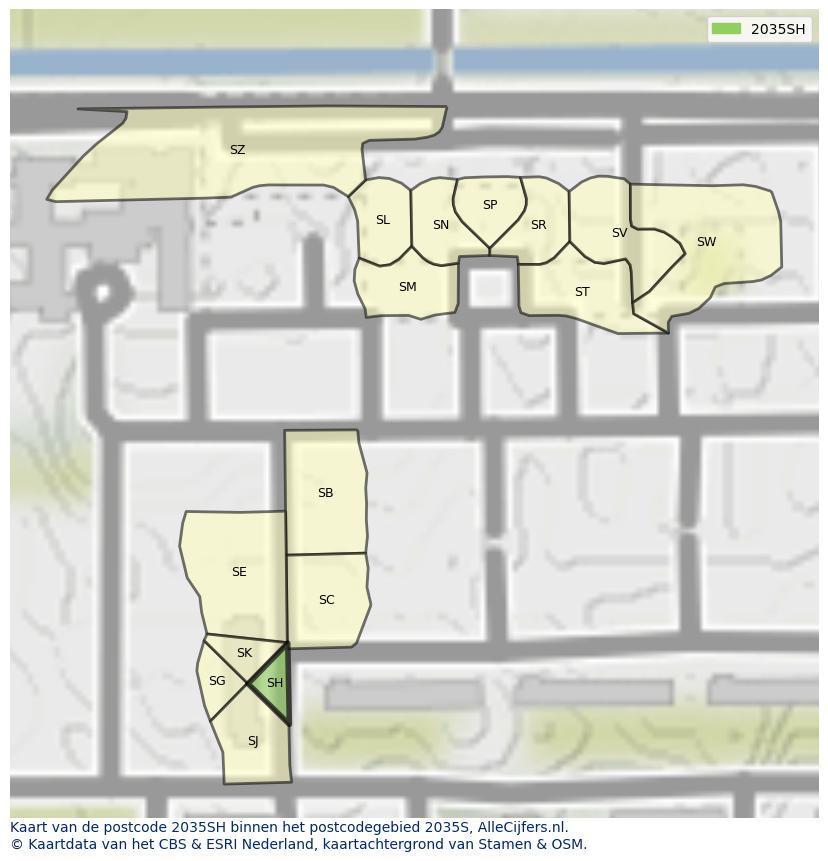 Afbeelding van het postcodegebied 2035 SH op de kaart.
