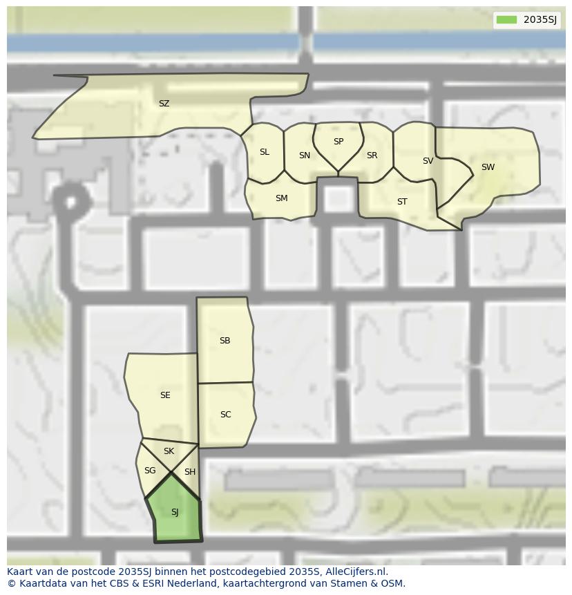 Afbeelding van het postcodegebied 2035 SJ op de kaart.