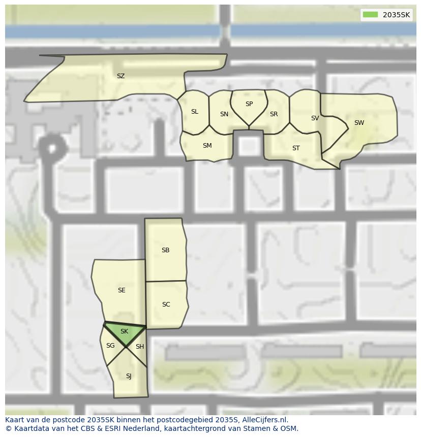 Afbeelding van het postcodegebied 2035 SK op de kaart.