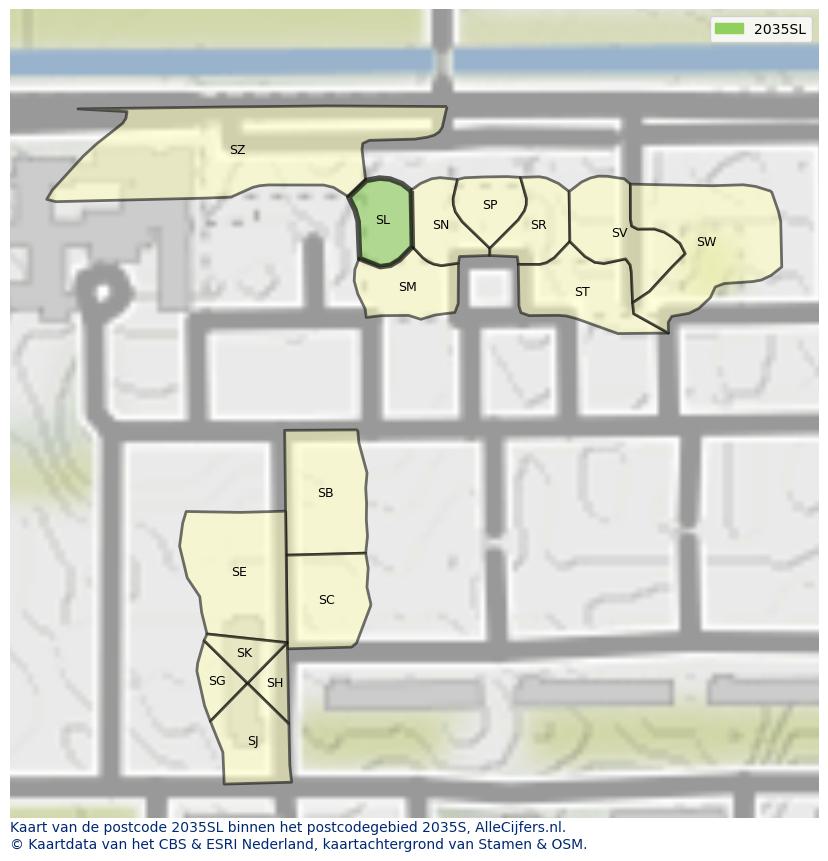 Afbeelding van het postcodegebied 2035 SL op de kaart.