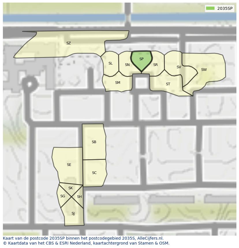 Afbeelding van het postcodegebied 2035 SP op de kaart.