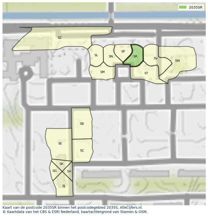 Afbeelding van het postcodegebied 2035 SR op de kaart.