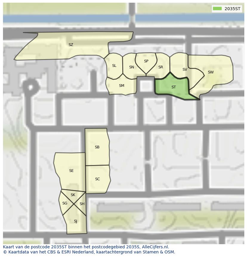 Afbeelding van het postcodegebied 2035 ST op de kaart.