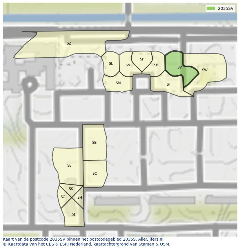 Afbeelding van het postcodegebied 2035 SV op de kaart.
