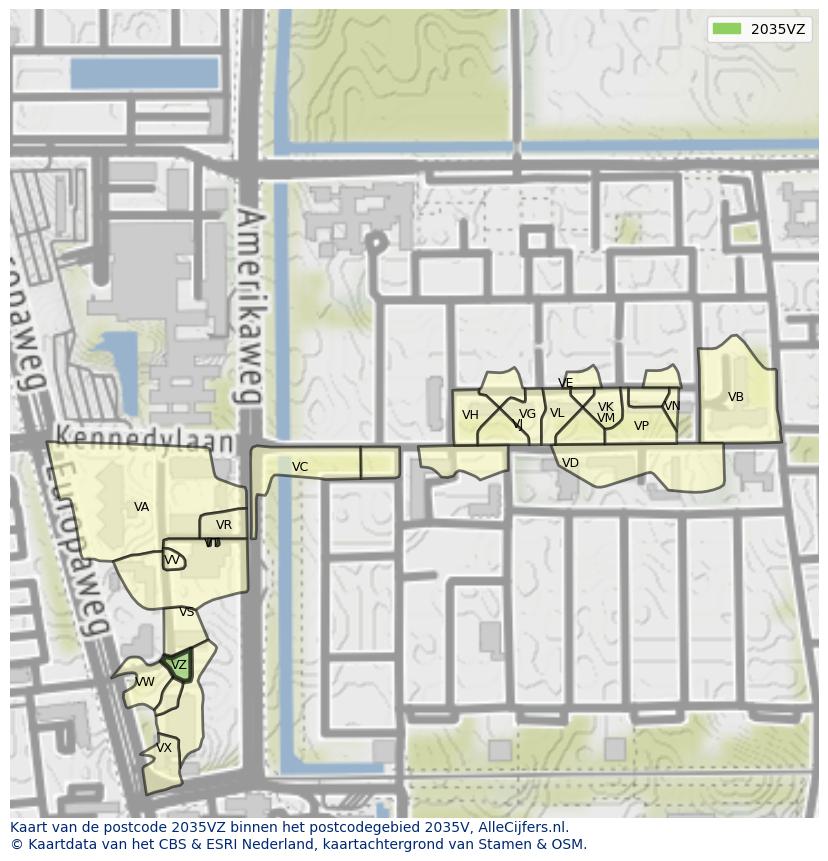 Afbeelding van het postcodegebied 2035 VZ op de kaart.