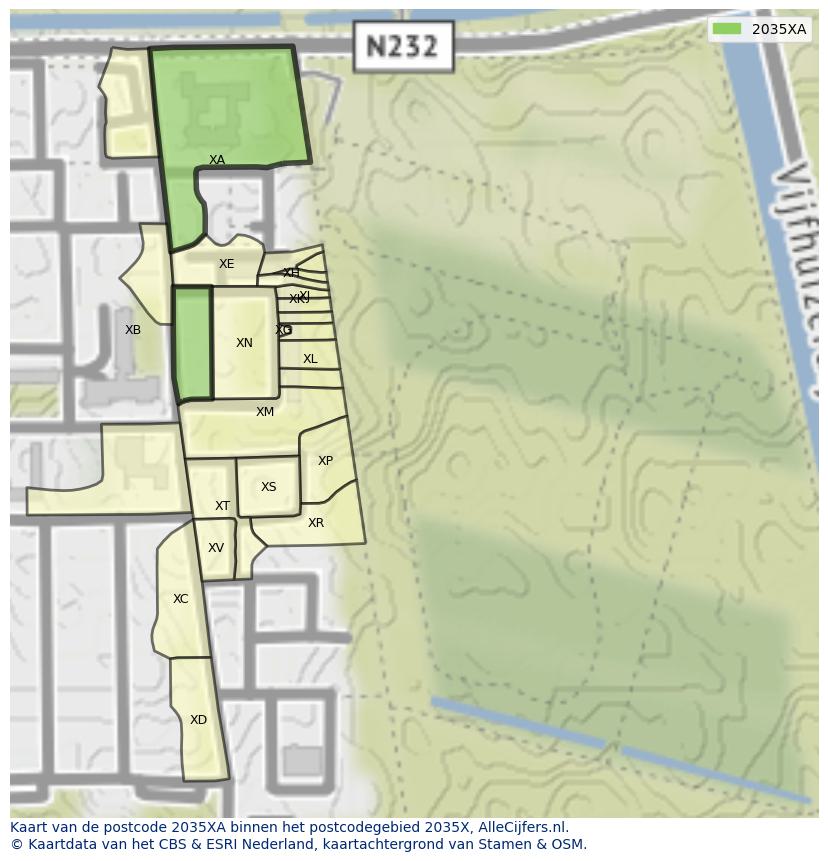 Afbeelding van het postcodegebied 2035 XA op de kaart.