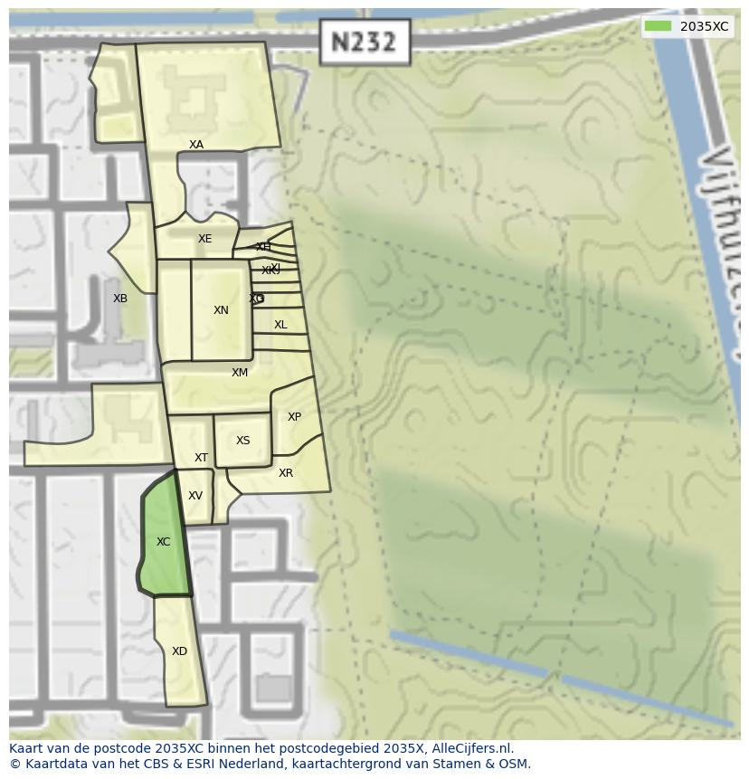 Afbeelding van het postcodegebied 2035 XC op de kaart.