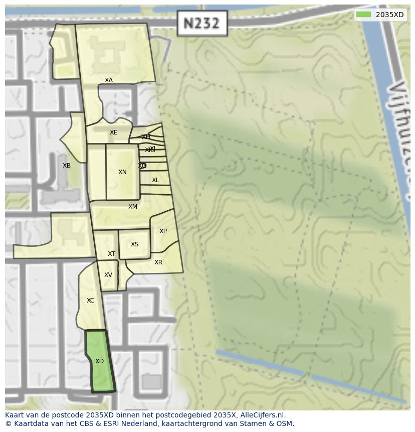 Afbeelding van het postcodegebied 2035 XD op de kaart.