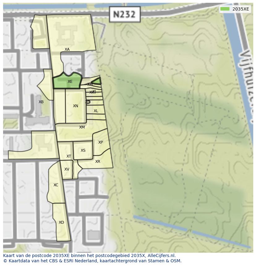 Afbeelding van het postcodegebied 2035 XE op de kaart.