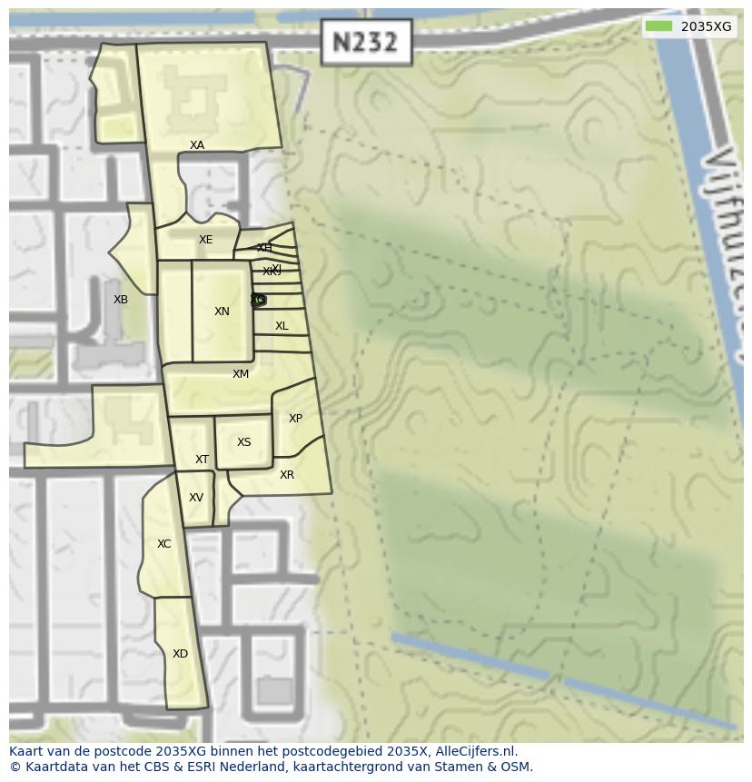 Afbeelding van het postcodegebied 2035 XG op de kaart.