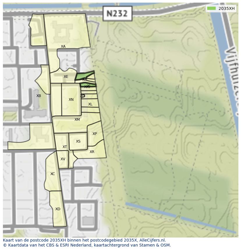 Afbeelding van het postcodegebied 2035 XH op de kaart.