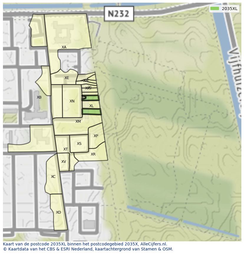 Afbeelding van het postcodegebied 2035 XL op de kaart.