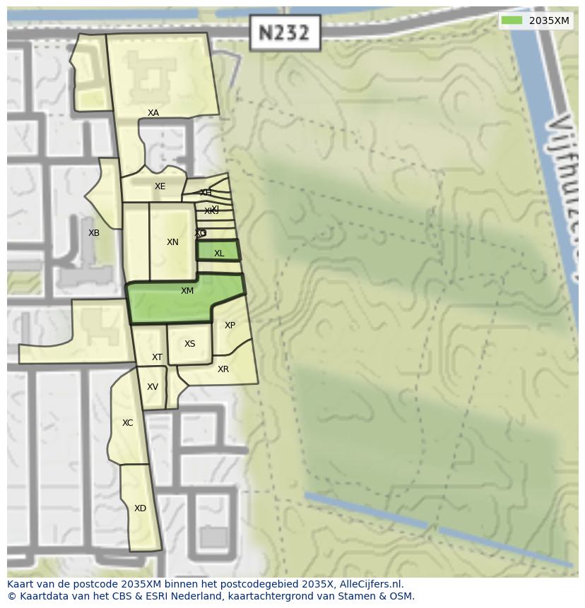 Afbeelding van het postcodegebied 2035 XM op de kaart.