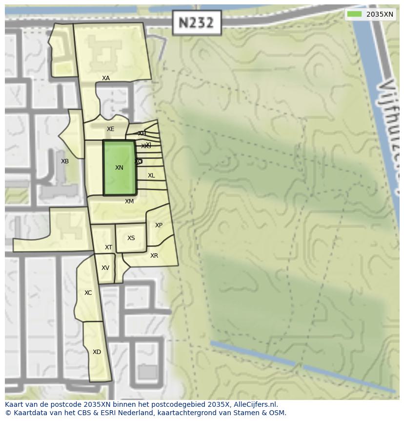 Afbeelding van het postcodegebied 2035 XN op de kaart.