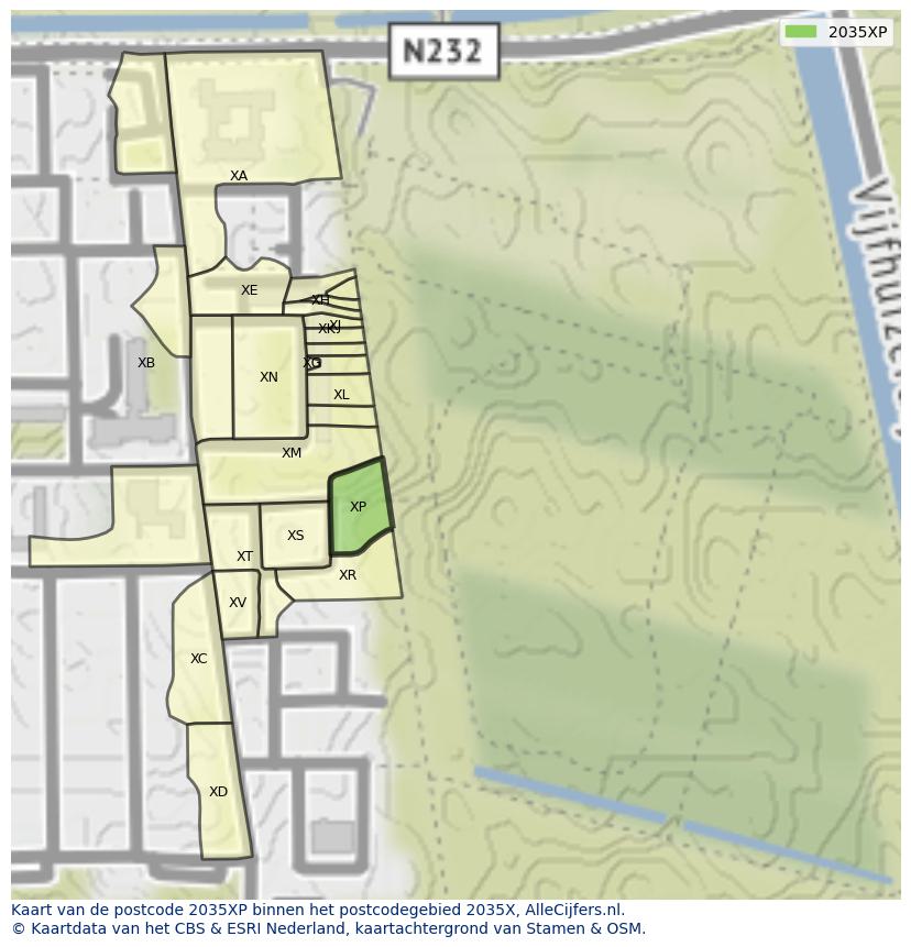 Afbeelding van het postcodegebied 2035 XP op de kaart.