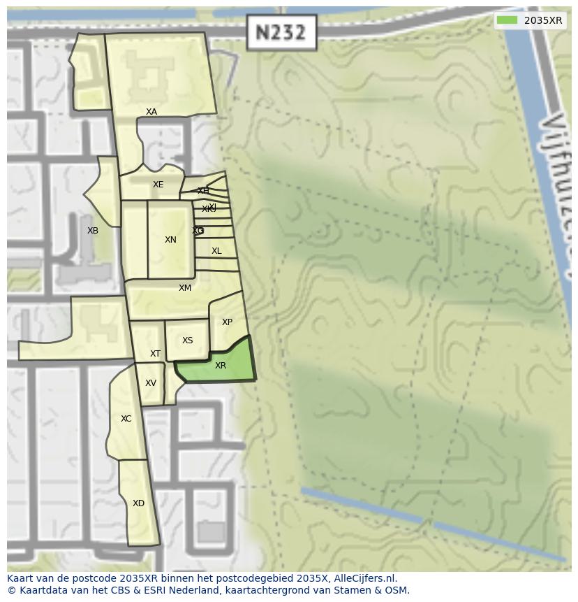 Afbeelding van het postcodegebied 2035 XR op de kaart.