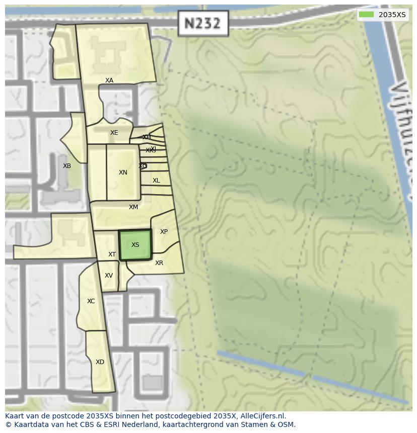 Afbeelding van het postcodegebied 2035 XS op de kaart.
