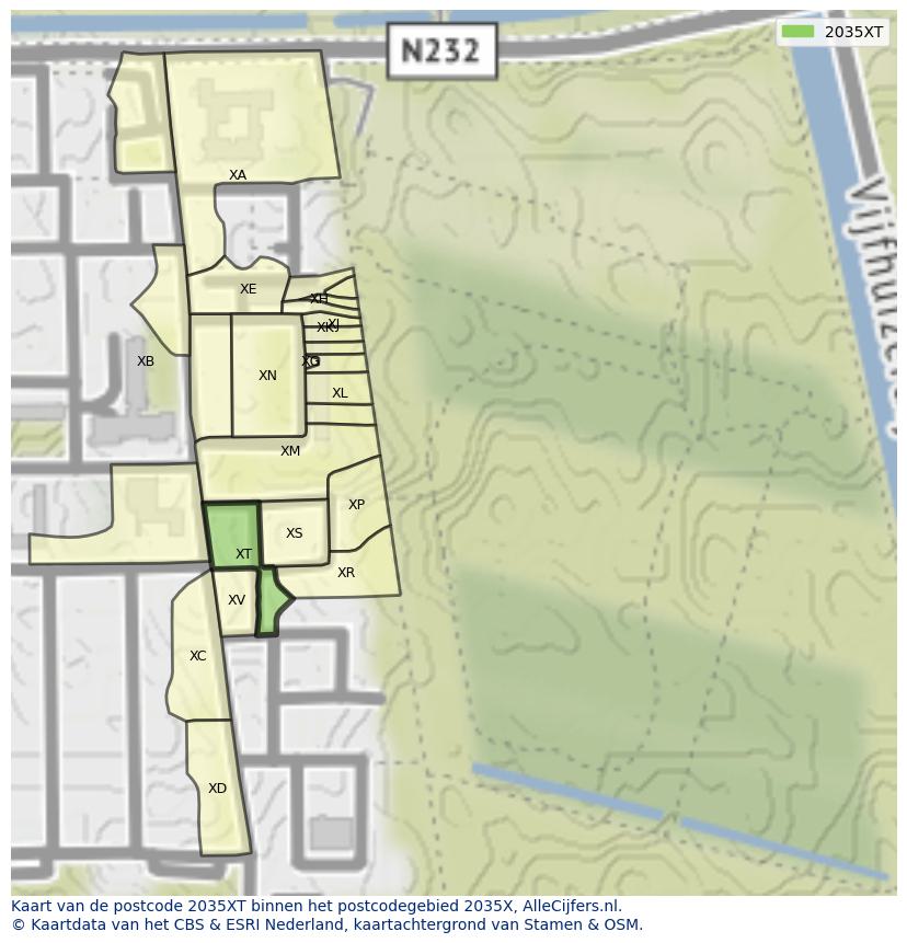 Afbeelding van het postcodegebied 2035 XT op de kaart.