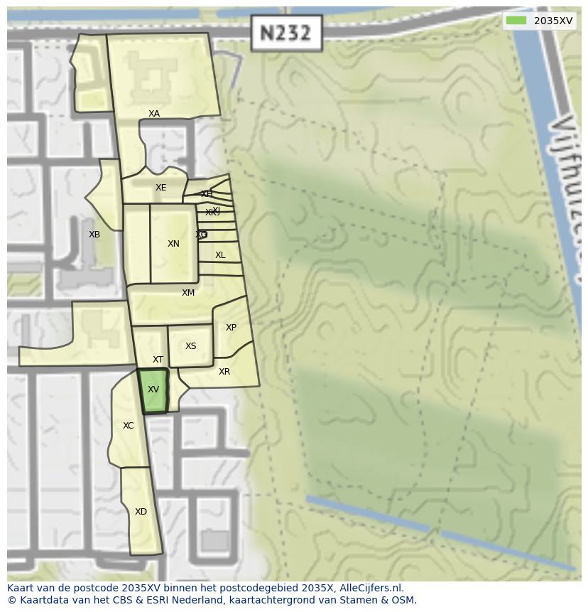 Afbeelding van het postcodegebied 2035 XV op de kaart.