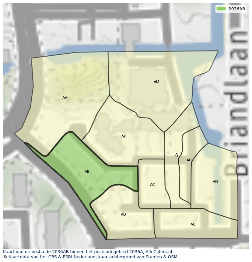 Afbeelding van het postcodegebied 2036 AB op de kaart.