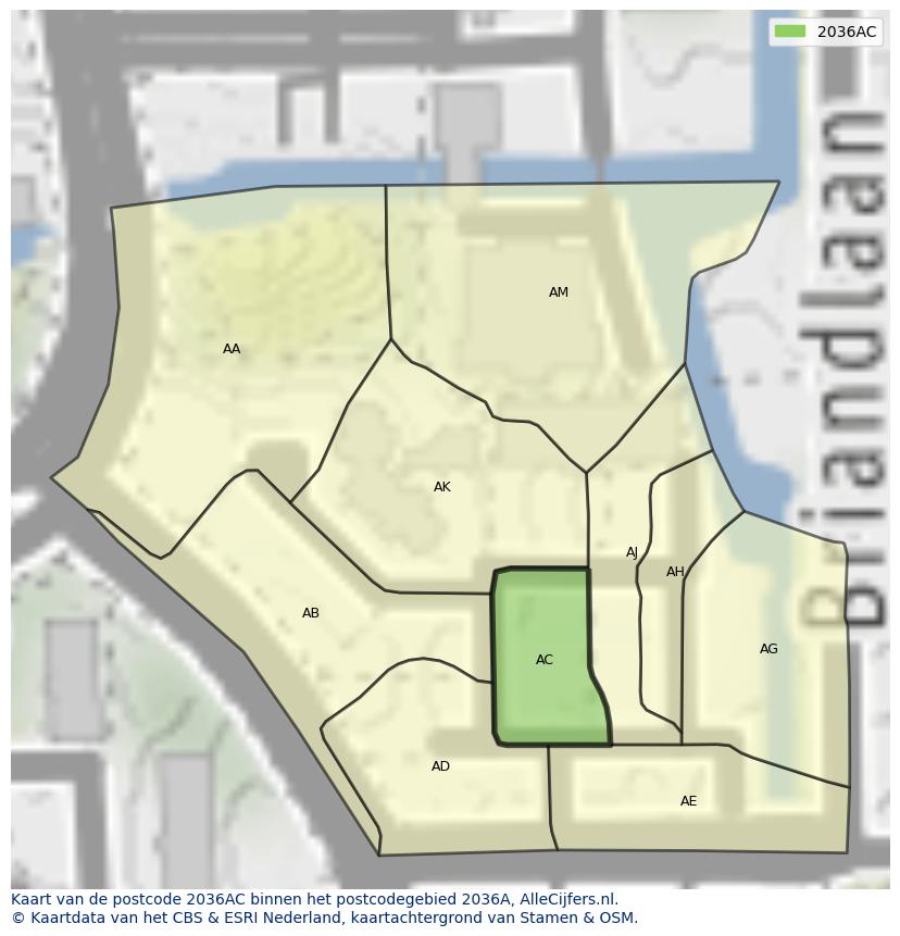 Afbeelding van het postcodegebied 2036 AC op de kaart.