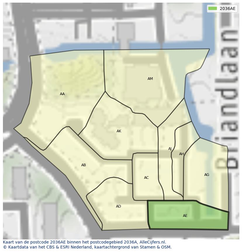 Afbeelding van het postcodegebied 2036 AE op de kaart.