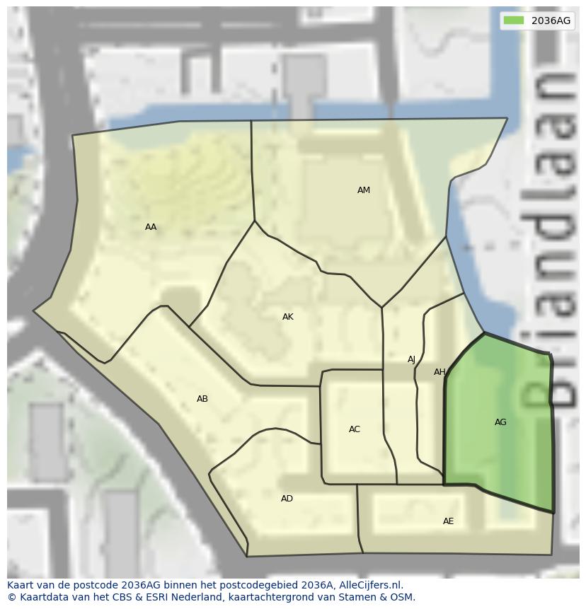 Afbeelding van het postcodegebied 2036 AG op de kaart.
