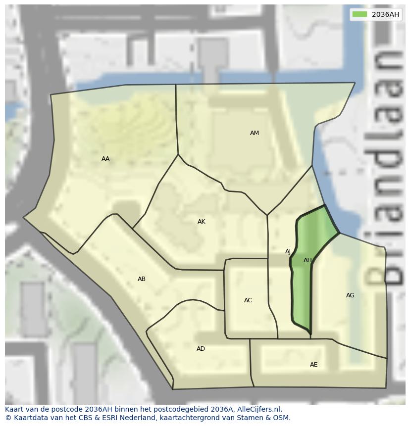Afbeelding van het postcodegebied 2036 AH op de kaart.