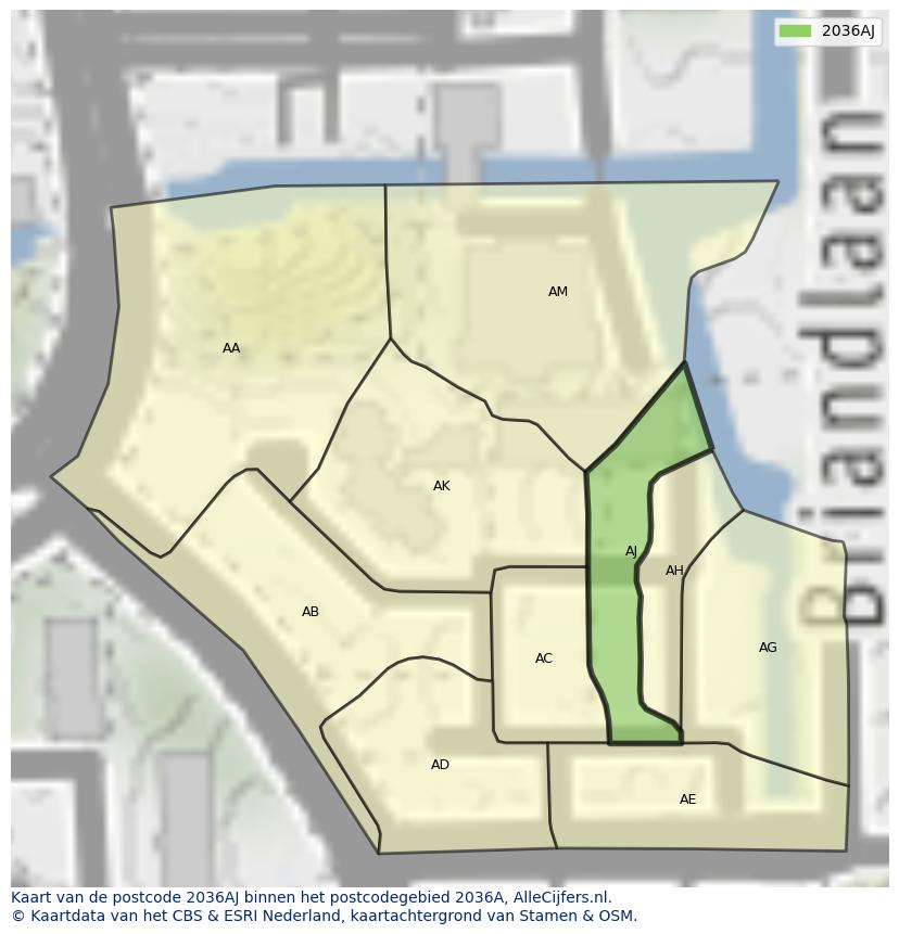Afbeelding van het postcodegebied 2036 AJ op de kaart.