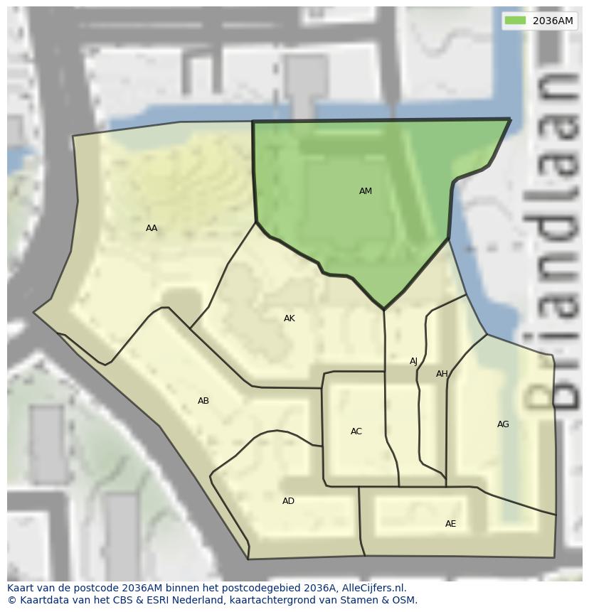 Afbeelding van het postcodegebied 2036 AM op de kaart.
