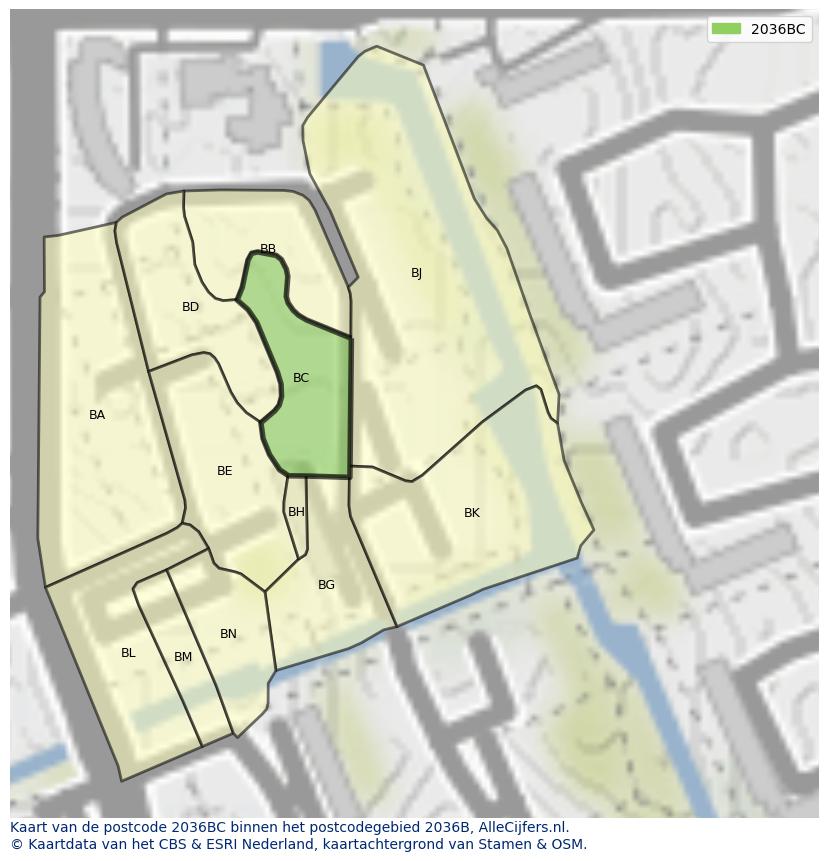 Afbeelding van het postcodegebied 2036 BC op de kaart.