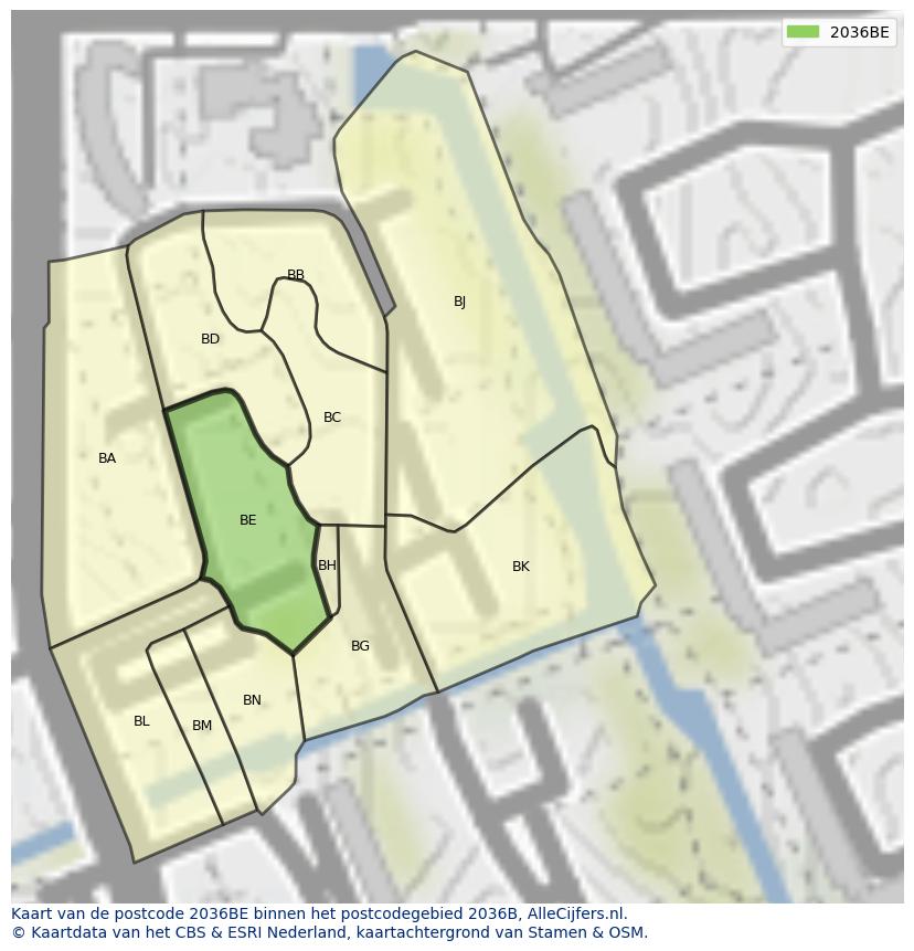 Afbeelding van het postcodegebied 2036 BE op de kaart.