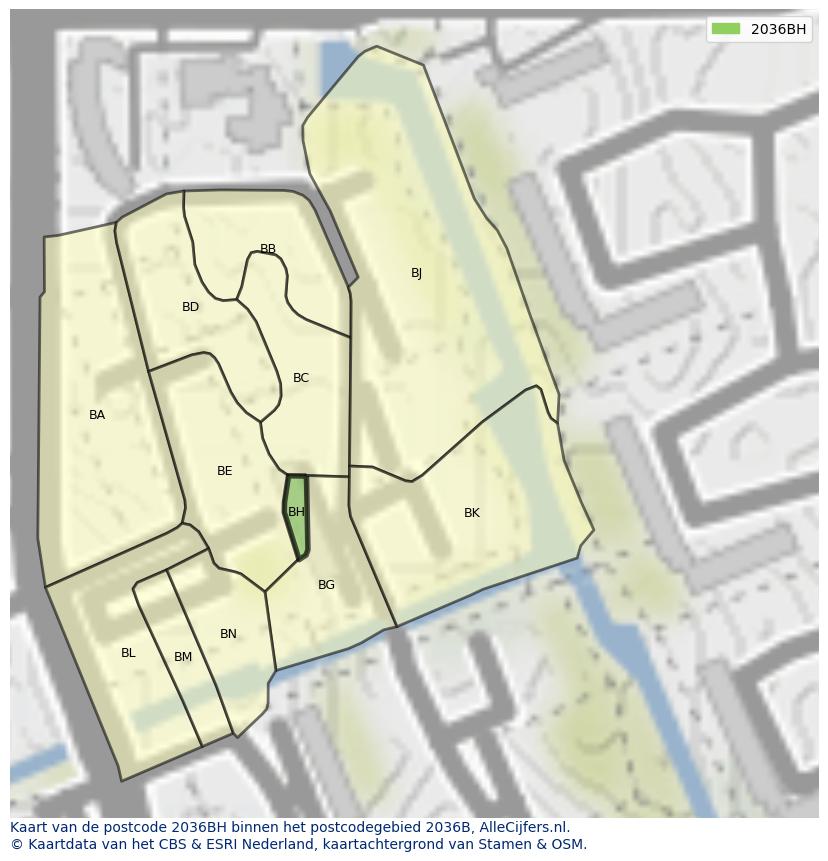 Afbeelding van het postcodegebied 2036 BH op de kaart.