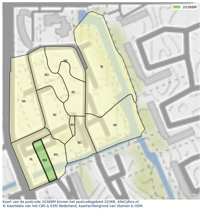 Afbeelding van het postcodegebied 2036 BM op de kaart.