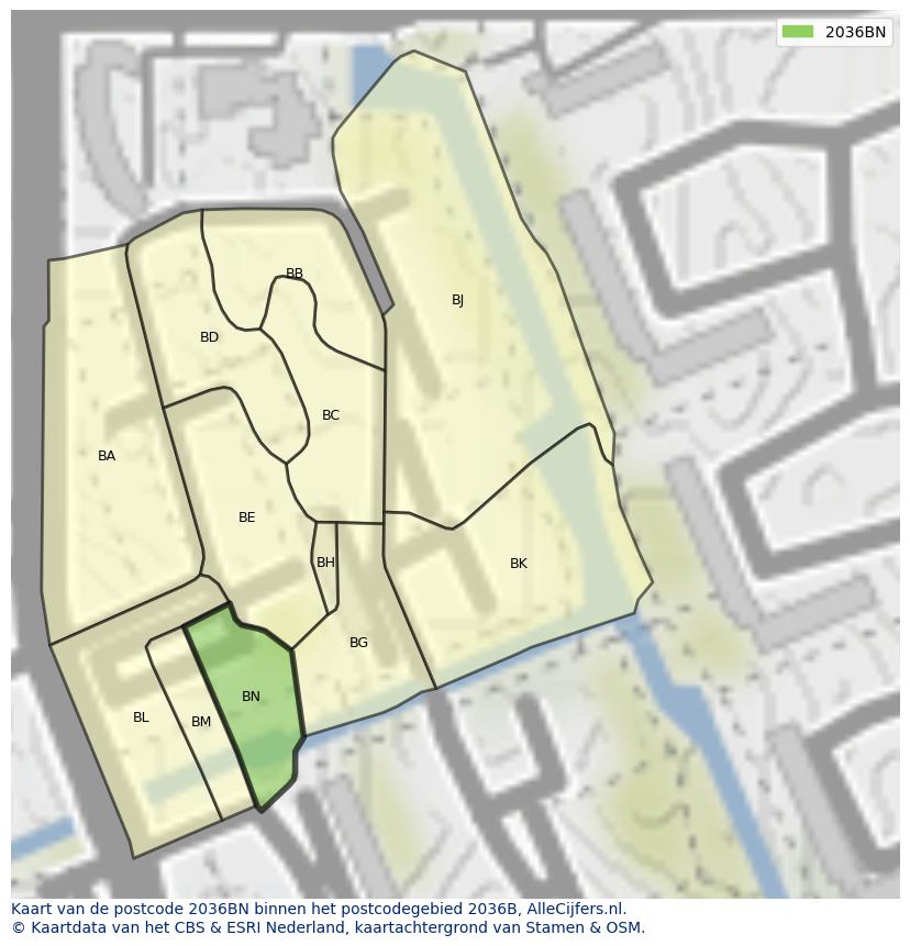 Afbeelding van het postcodegebied 2036 BN op de kaart.