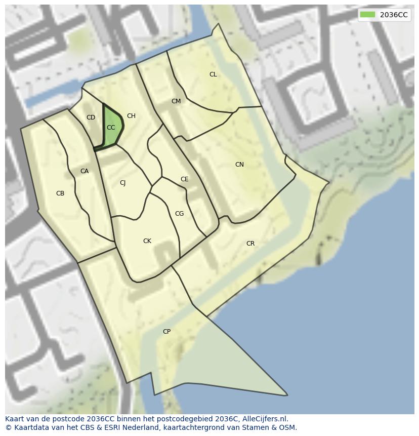 Afbeelding van het postcodegebied 2036 CC op de kaart.