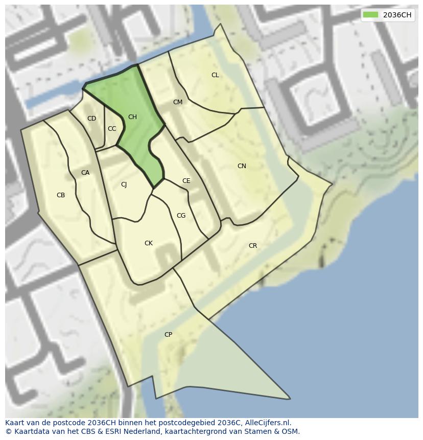 Afbeelding van het postcodegebied 2036 CH op de kaart.